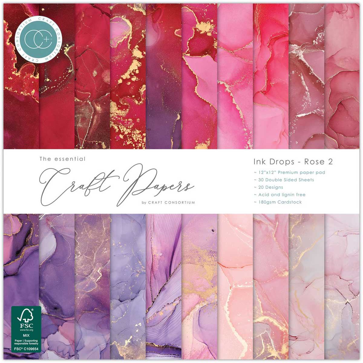 Craft Consortium 12" x 12" Paper Pad - Ink Drops Rose 2 [CCEPAD040]