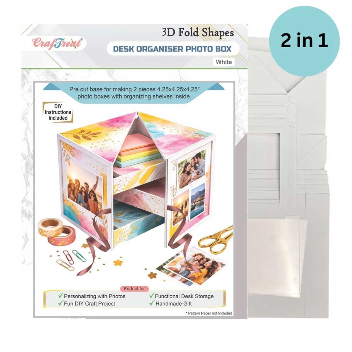 CrafTreat 3D Fold Shapes - Desk Organiser Photo Box - White [CFS017] - Image 2