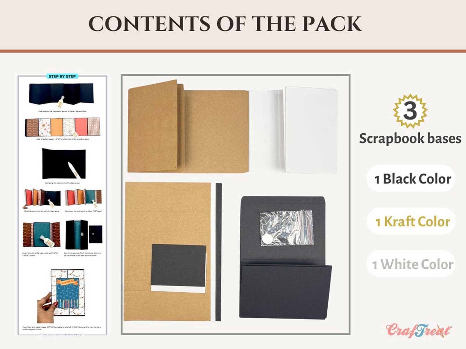 CrafTreat Scrapbook Blanks - Quick Folio Accordion - Black, Kraft & White [CQF003] - Image 3