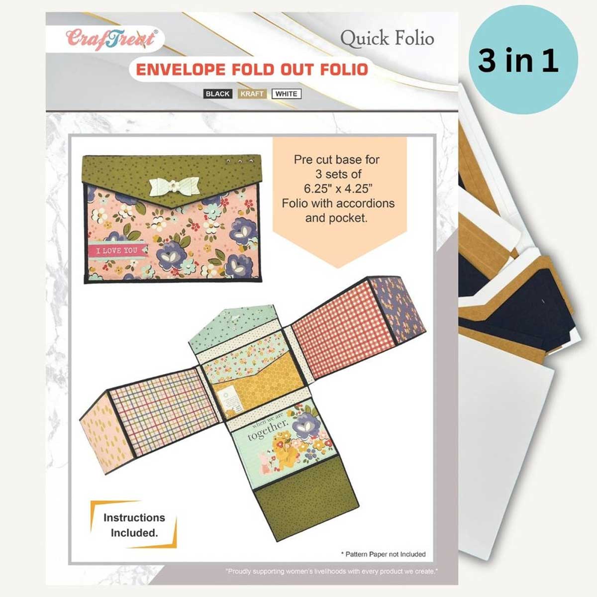 CrafTreat Scrapbook Blanks - Quick Folio Envelope Fold Out Folio - Black, Kraft & White [CQF012] - Image 2