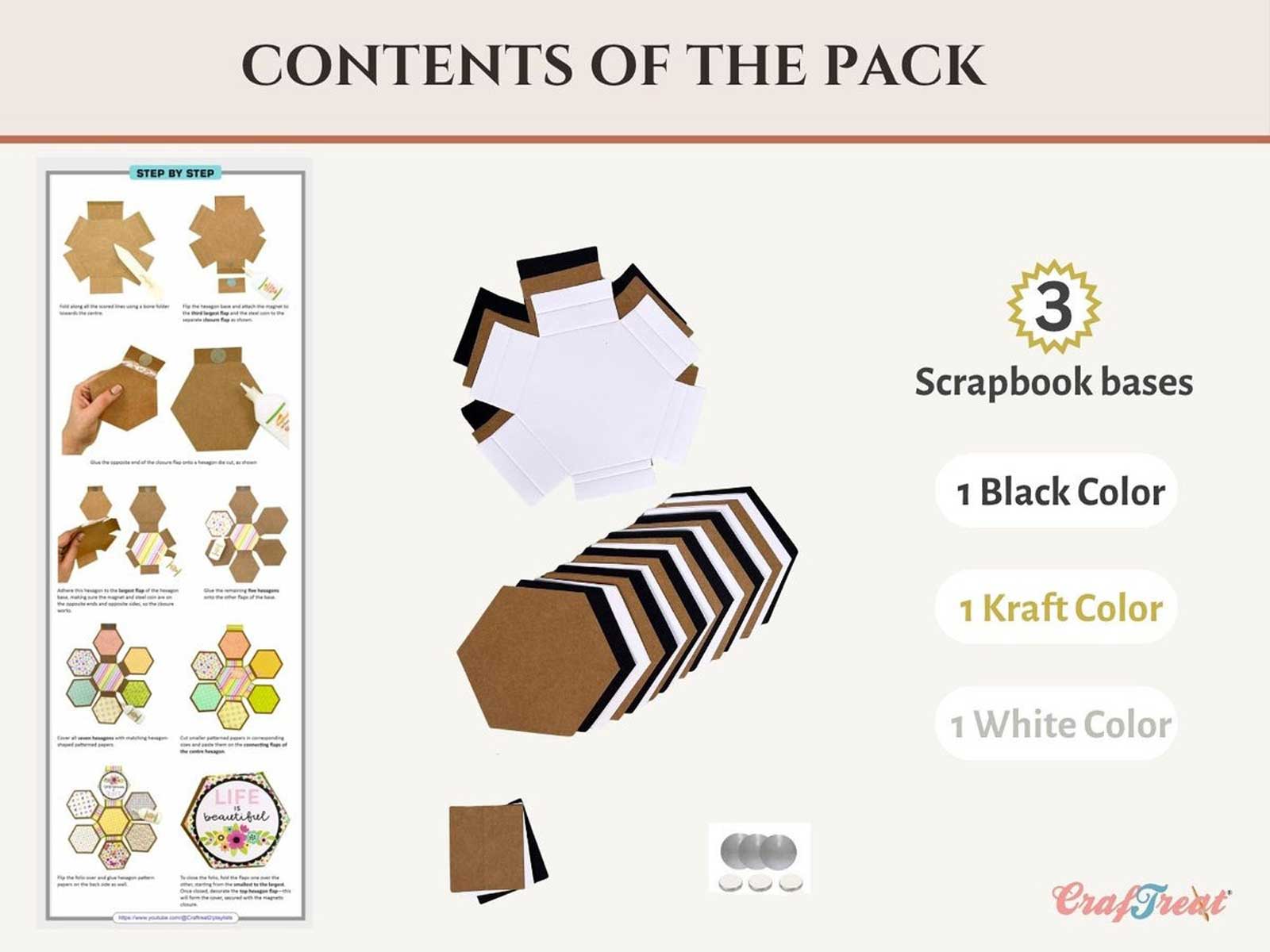 CrafTreat Scrapbook Blanks - Quick Folio - Hexagon Fold Out - Black, Kraft & White [CQF008] - Image 3