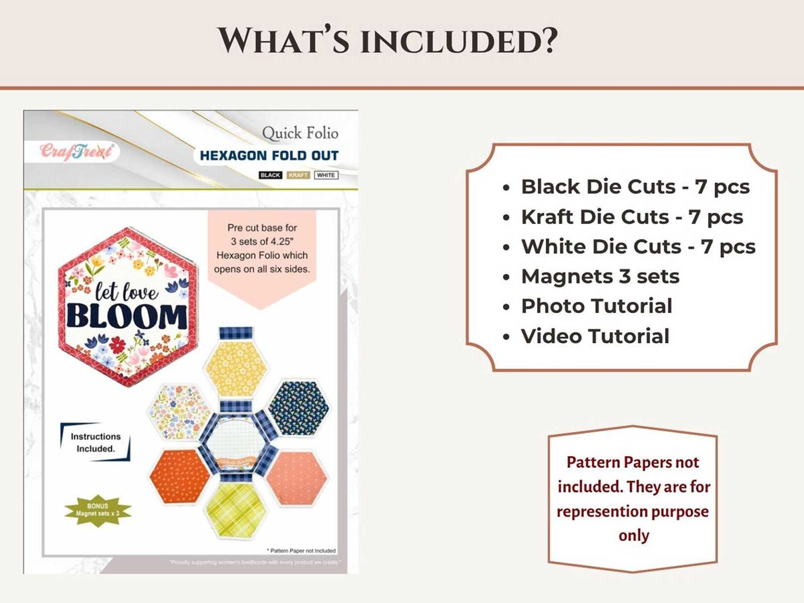 CrafTreat Scrapbook Blanks - Quick Folio - Hexagon Fold Out - Black, Kraft & White [CQF008]