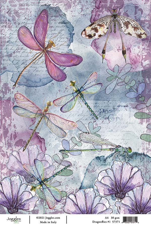 Dragonflies and Flowers Rice Paper Decoupage Sheet ~ Italy