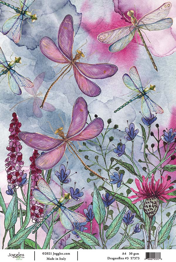 Dragonflies and Flowers Rice Paper Decoupage Sheet ~ Italy