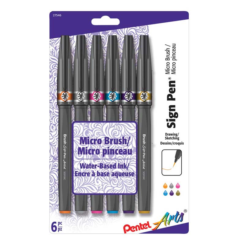 Pentel Arts Sign Pen Micro Brush Pens - Set Of 6 - Fashion Colors  [SESF30BP6M1] 