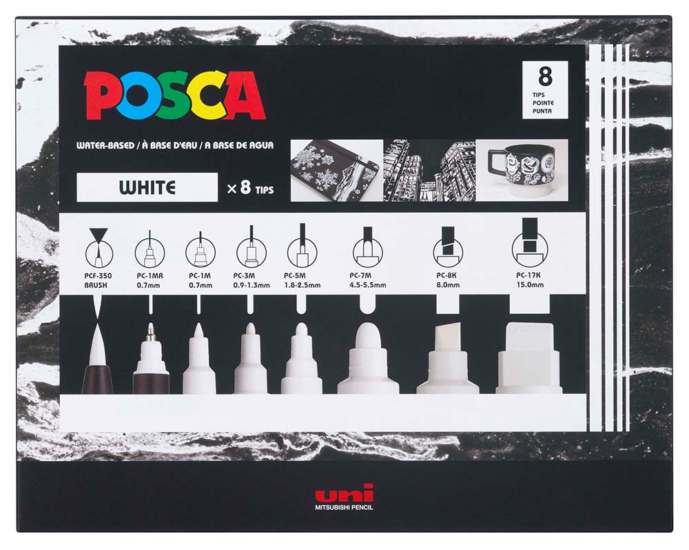 Posca White - Full Set of 7 Pens (PC-17K, PC-8K, PC-5M, PC-3M, PC-1M,  PC-1MR, PCF-350)