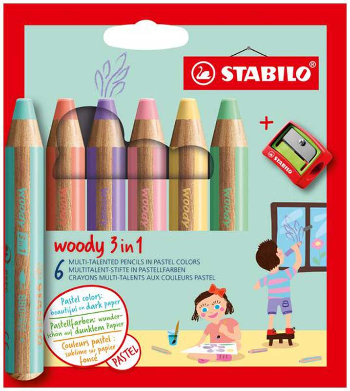 Stabilo Woody Pencils - Set Of 6 Pastel Colors & Sharpener [8806-3] 