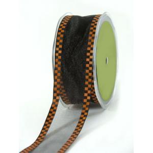 1.5" Sheer Woven Check Edge Ribbon - [375-15-28] Black/Orange