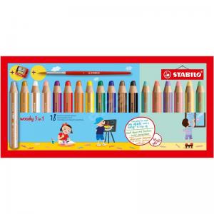 Stabilo Woody Pencils - Set of 18 with Pastel Colors, Sharpener & Brush [880-18-4]