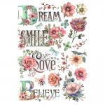 Stamperia A4 Rice Paper - Dream, Smile, Love, Believe [DFSA4992]