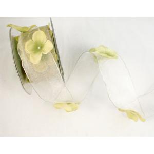 1.5" Sheer Wired w/ Flowers & Pearls by the Yard - [TZ02] Fuji Snowstorm