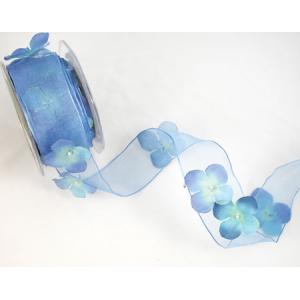 1.5" Sheer Wired w/ Flowers & Pearls by the Yard - [TZ34] Nikko Blue