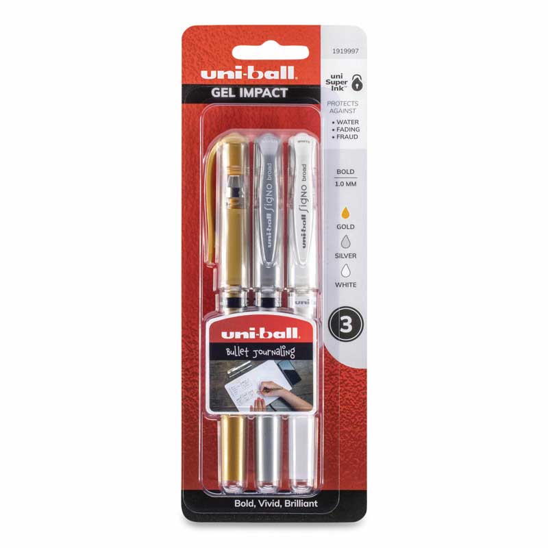 Uni-Ball Signo Broad Point Gel Impact Pen Gold Ink, 1.0mm, 3 pens